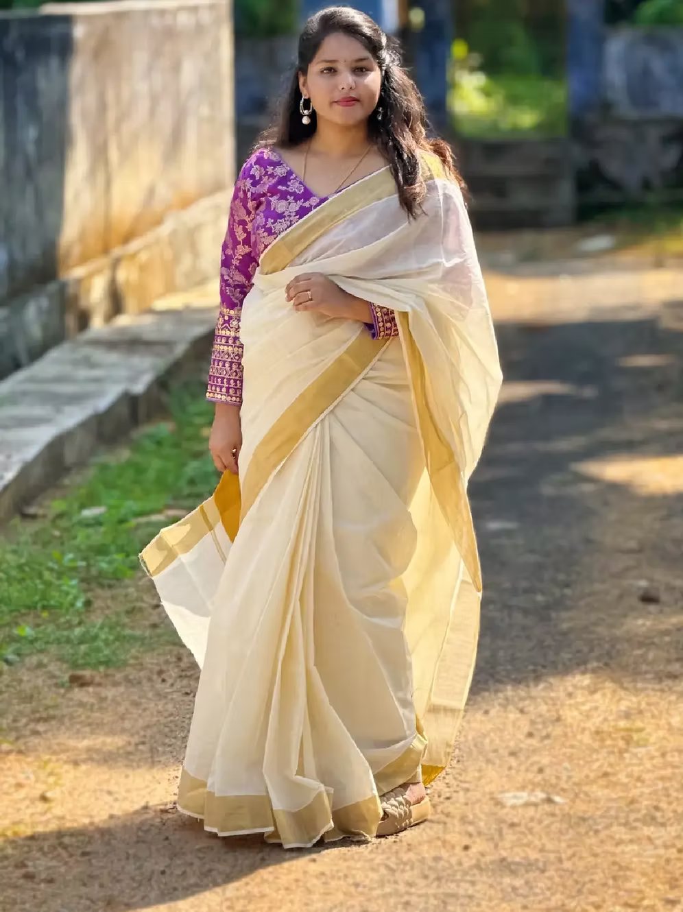 3-Inch Pure Cotton Kasavu Saree with Running Blouse