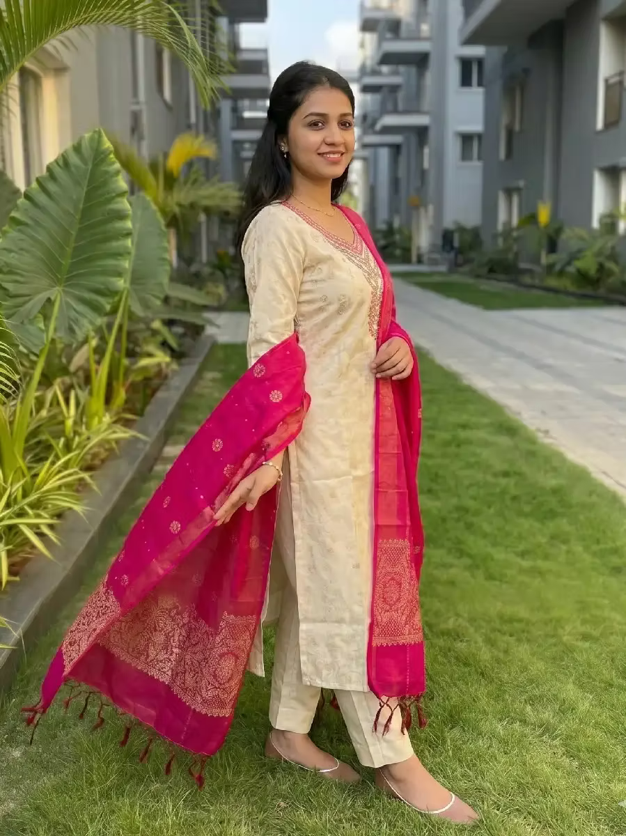 Gold & Pink Banarasi Silk Kasavu Kurta Set