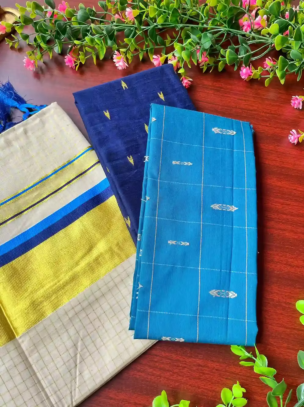 Dual Blue Chhota Block Tussel Tissue Kasavu Saree with Blouse