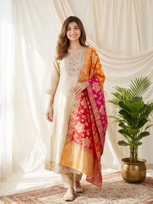 Beige Zari Embroidery Banarasi Kasavu Anarkali