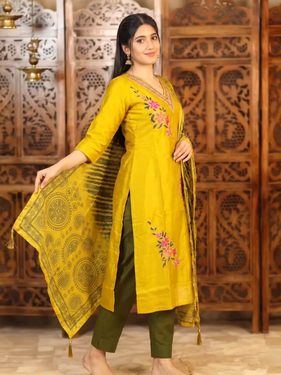 Mustard Yellow Silk Blend Kurta Set with Floral Embroidery & Leheriya Dupatta