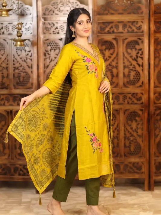 Mustard Yellow Silk Blend Kurta Set with Floral Embroidery & Leheriya Dupatta