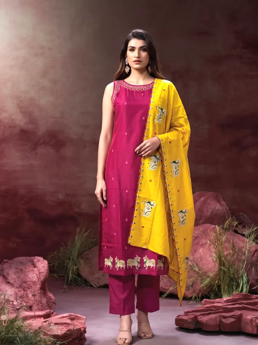 Embroidered Magenta Kurta with Yellow Scalloped Border Dupatta