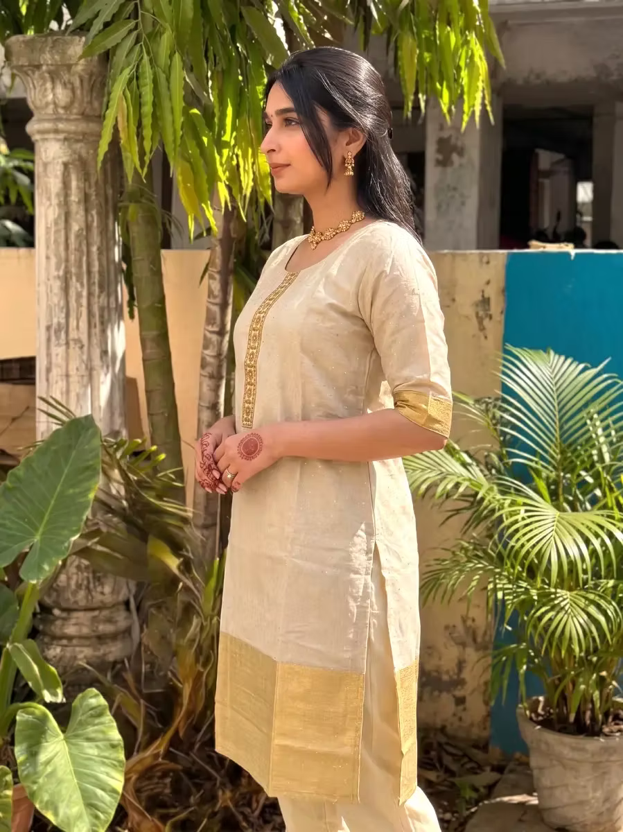 Golden Sequin Tissue Kurti with Sleeves