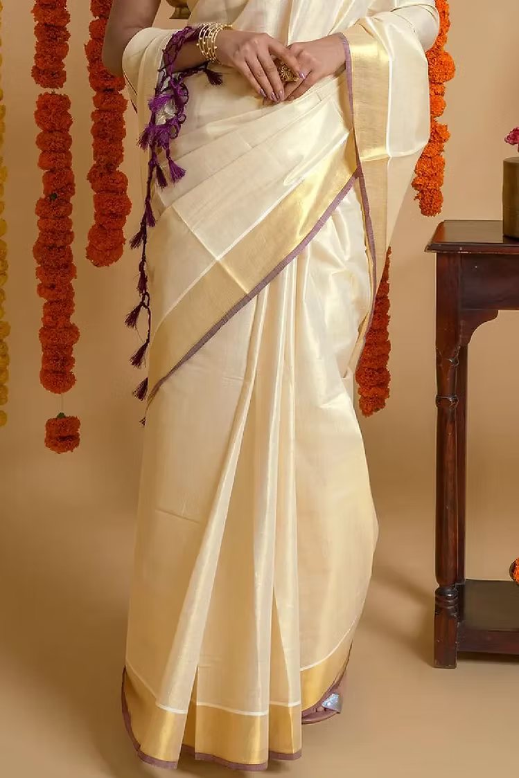 Purple Tassel Tissue Kasavu Saree