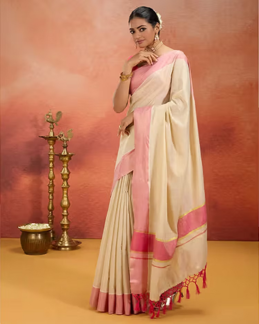 Pink Kasavu Tassel Tissue Saree
