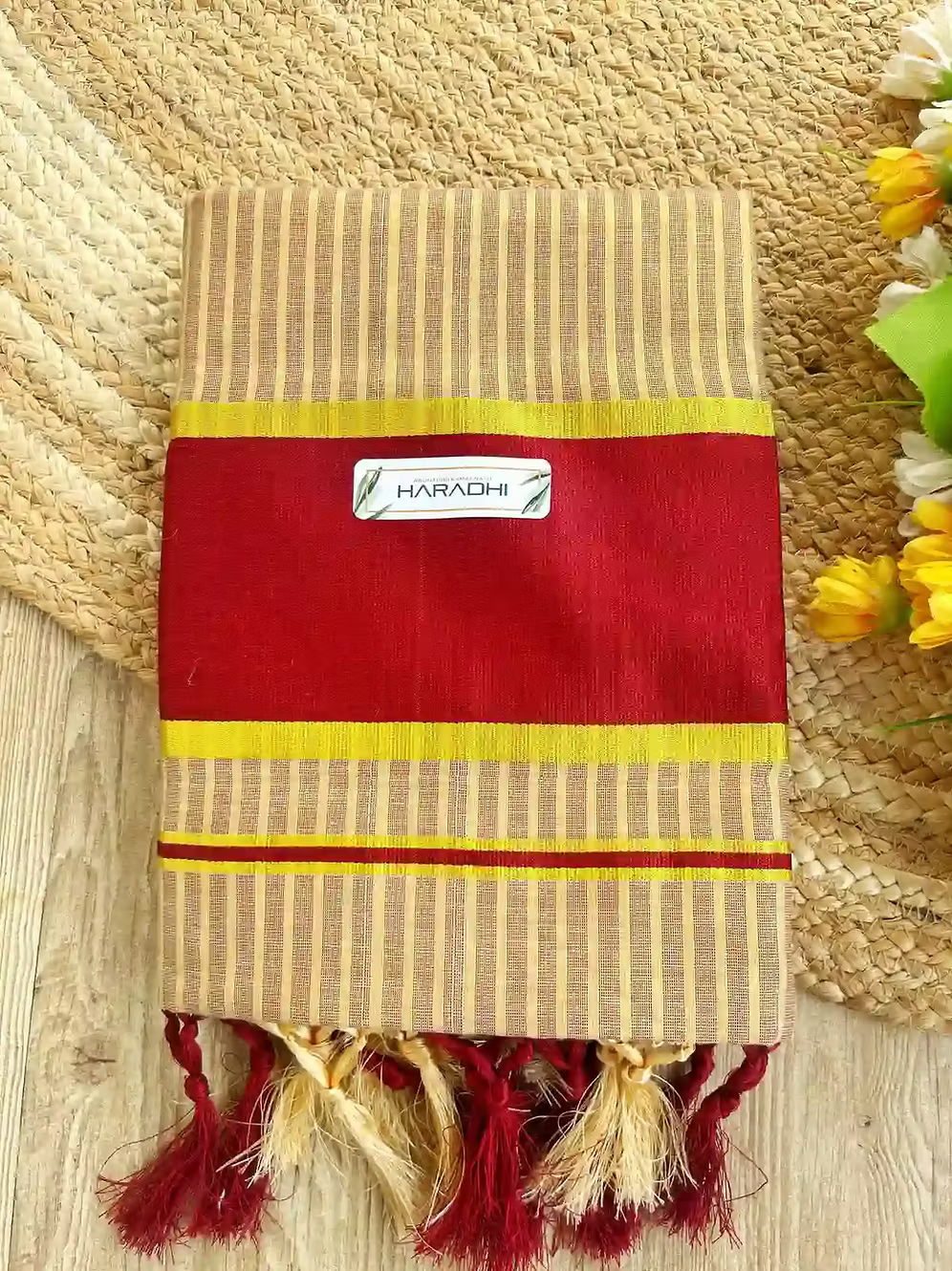 Maroon Zari Stripe Tassel Tissue Kerala Saree with Blouse