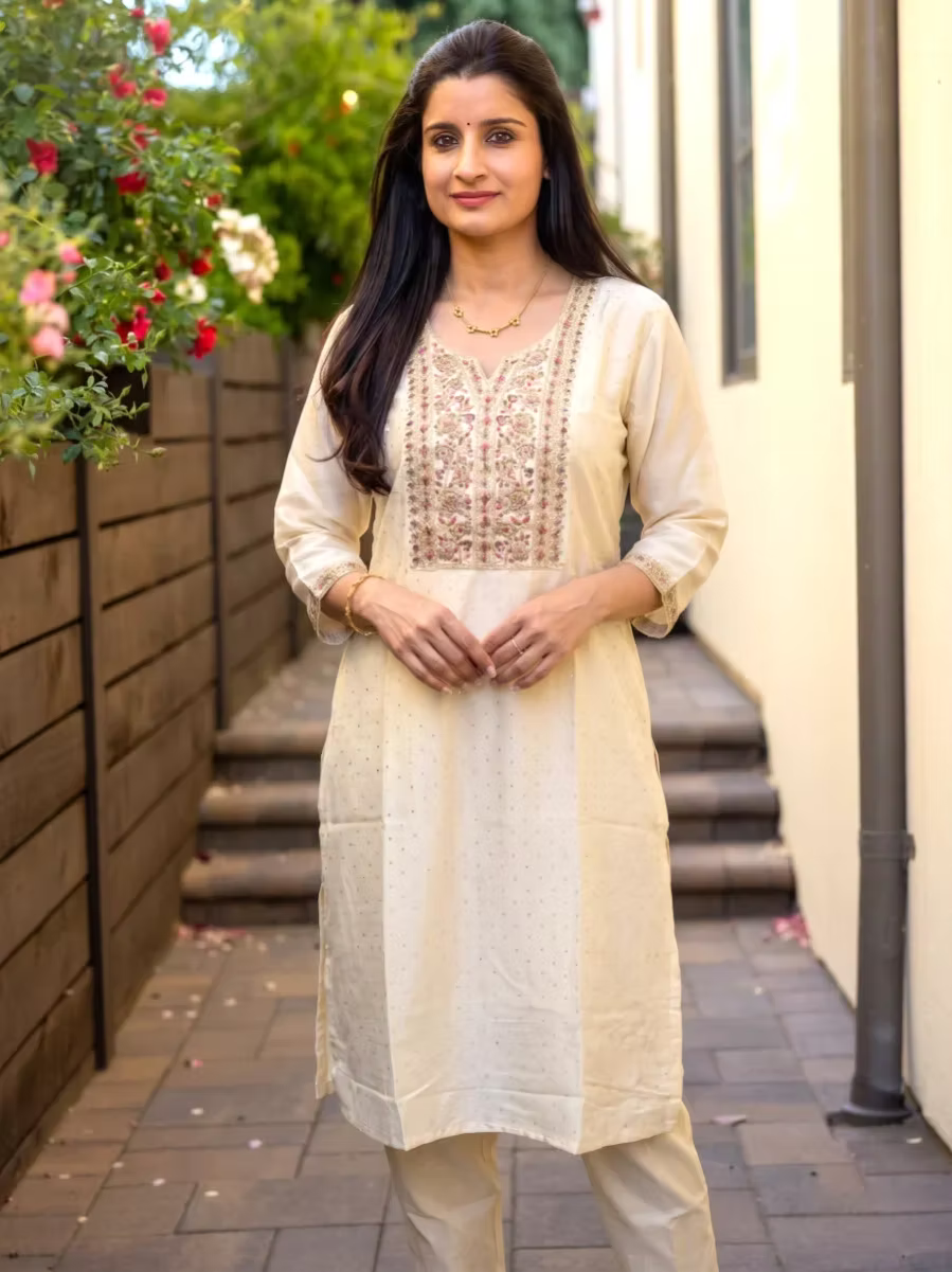 Ivory Kurti with Floral Embroidery & Three-Quarter Sleeves