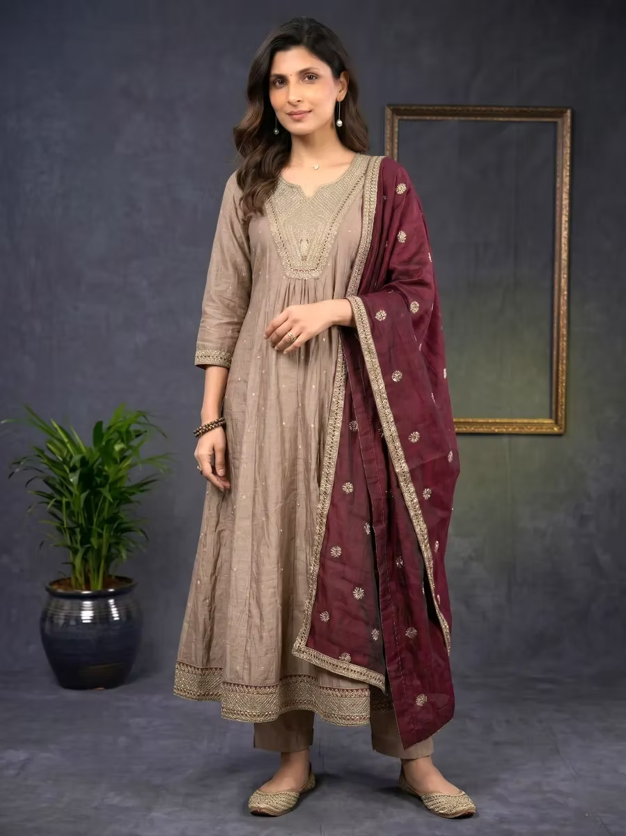 Taupe Silk Blend Anarkali Suit with Wine Embroidered Dupatta & Pants