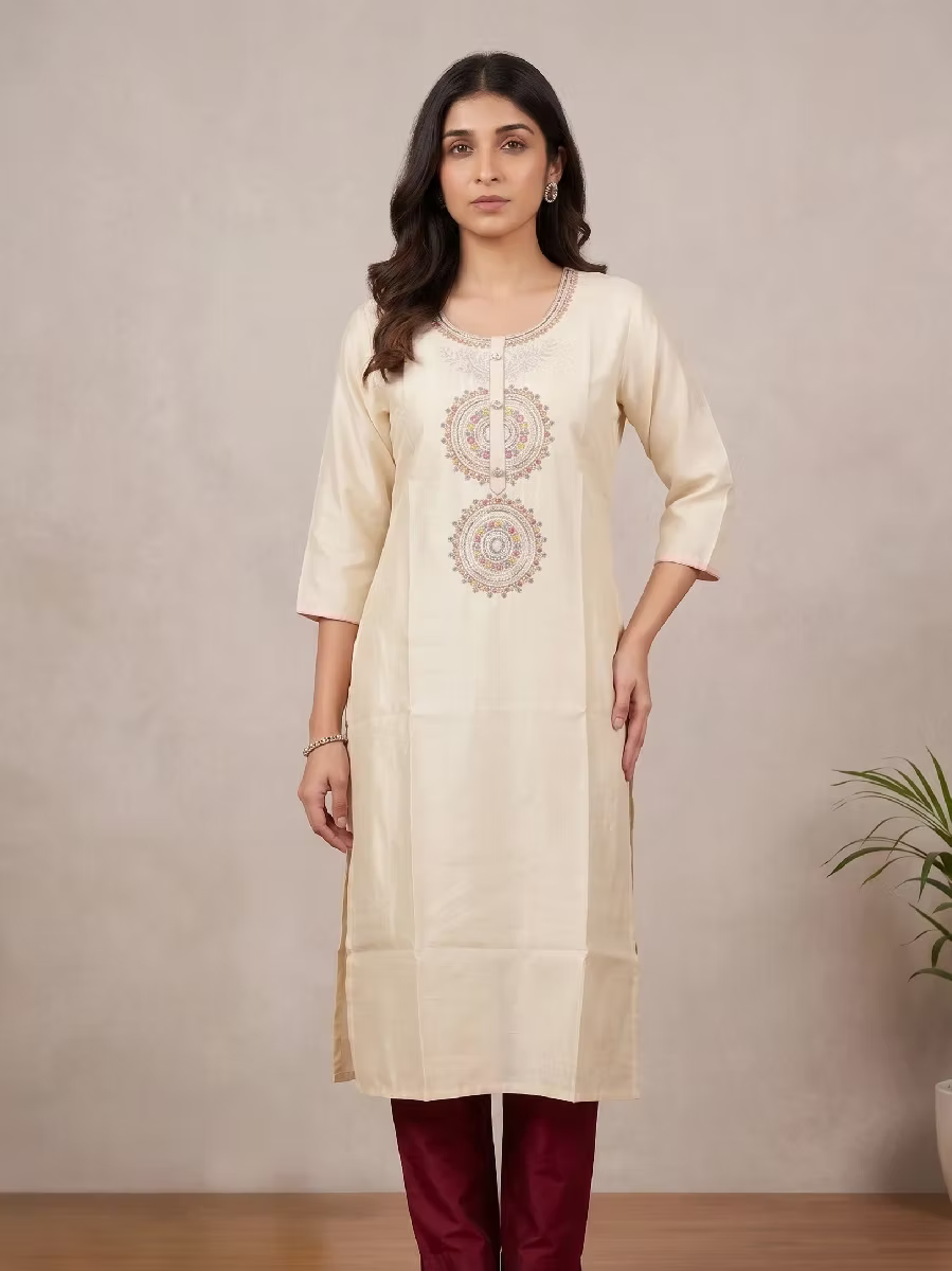 Multi-Color Embroidery White Cotton Kurti
