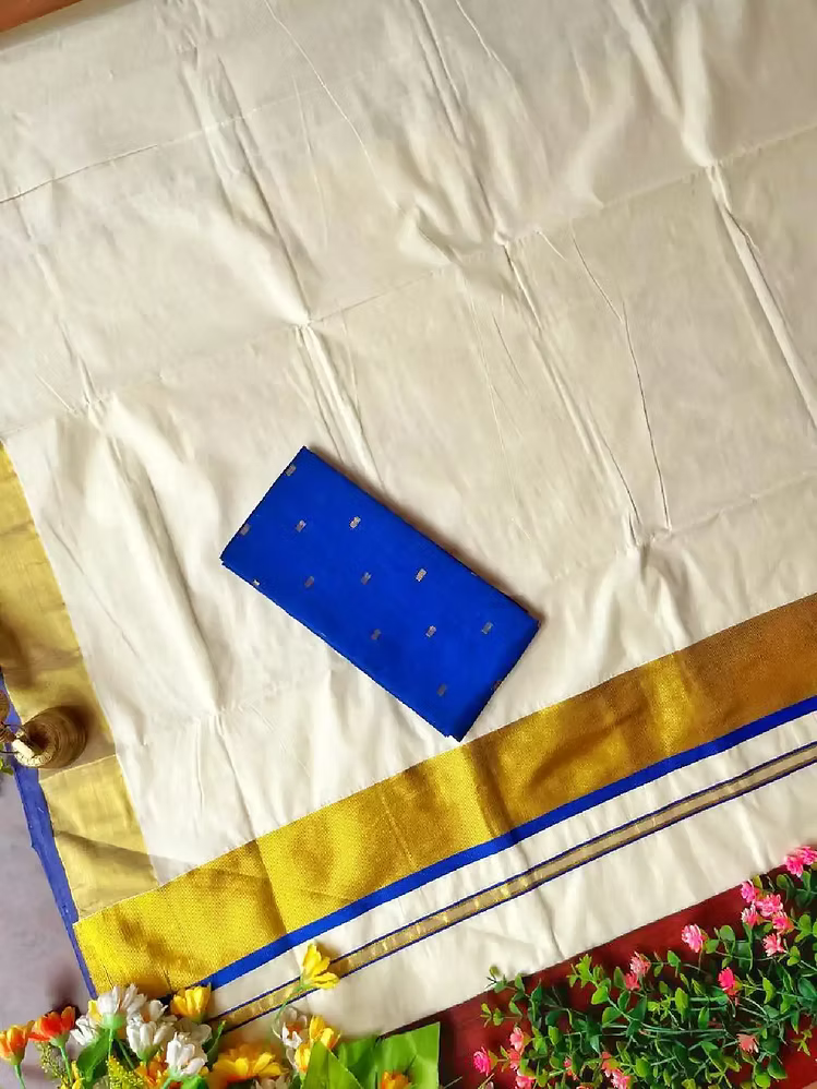 Premium Blue Kasavu Cotton Saree with Blouse