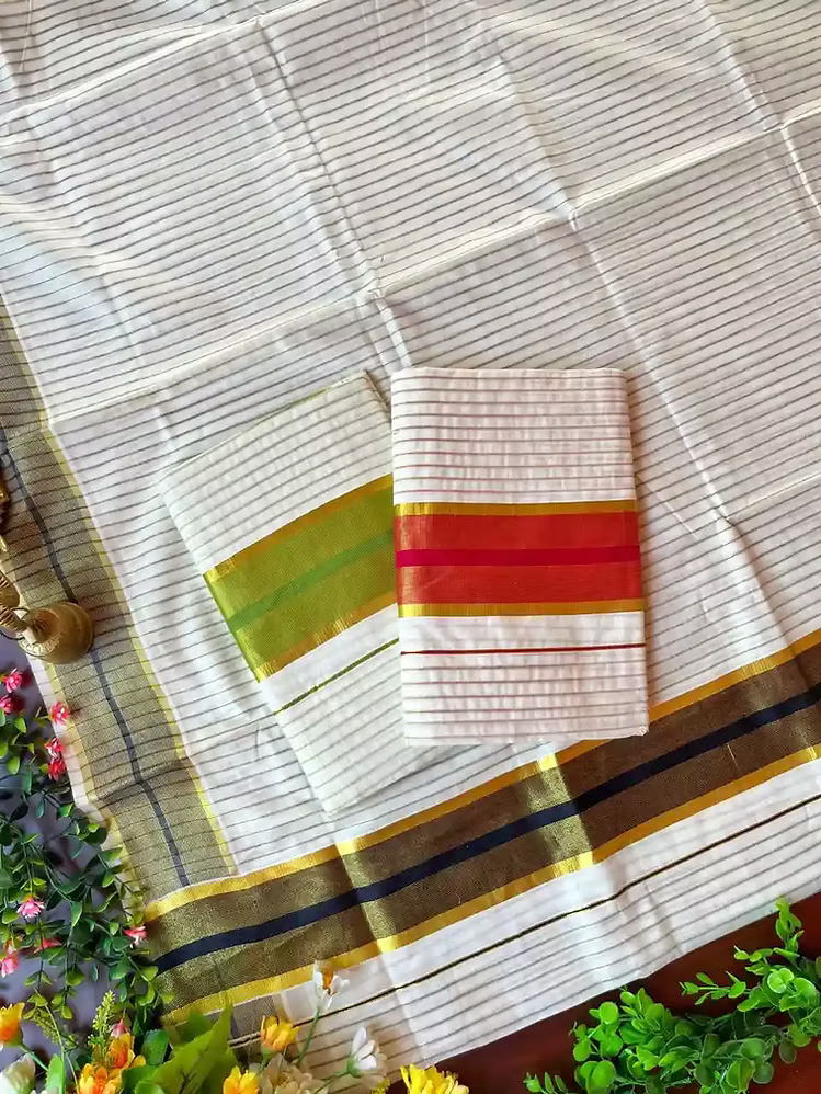 Stripe Kasavu Cotton Set Saree with Running Blouse