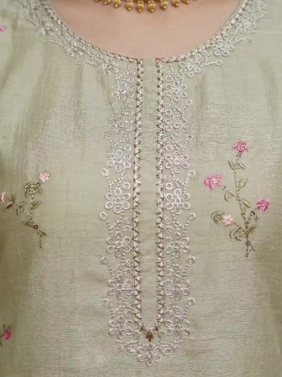 Sage Green Chanderi Silk Kurta Set with Floral Embroidery & Organza Dupatta