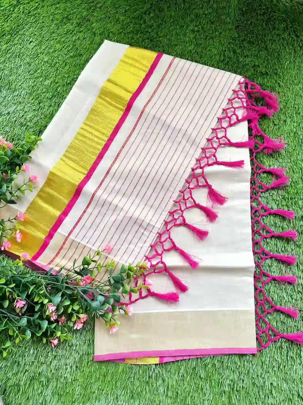Pink Border Kasavu Tissue Saree with Stripe Pallu