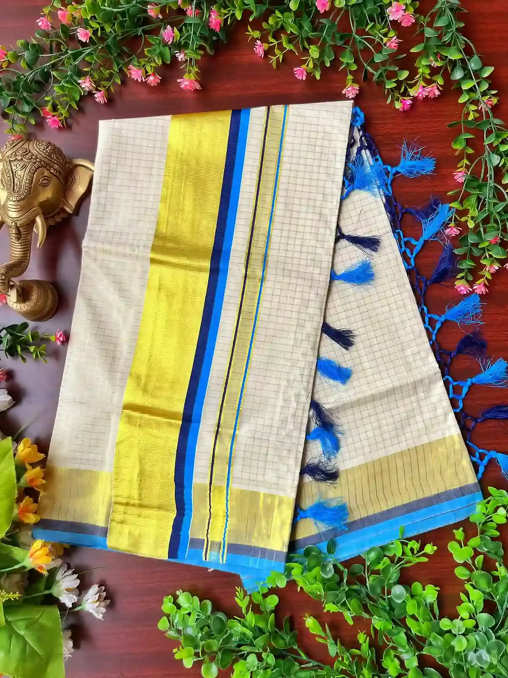 Dual Blue Chhota Block Tussel Tissue Kasavu Saree with Blouse