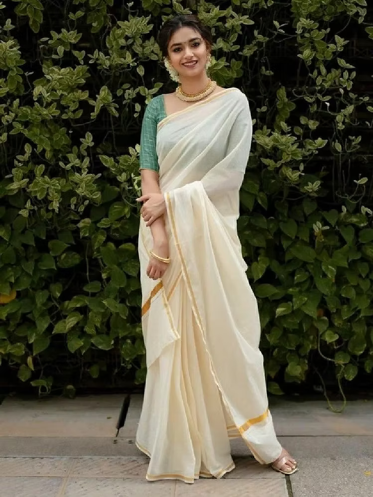 Traditional Thin Kasavu Cotton Saree with Running Blouse