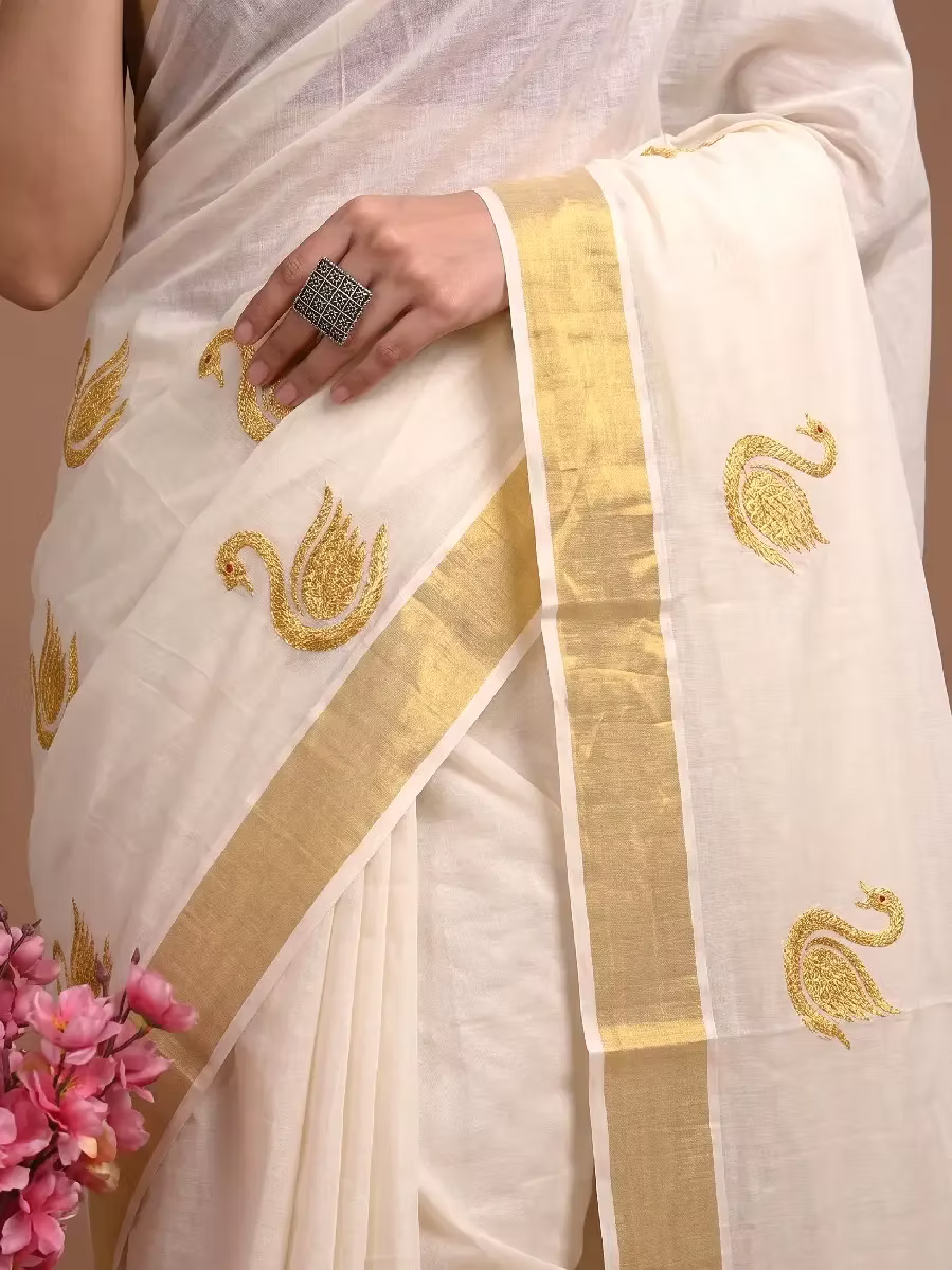 Golden Swan Embroidery Kasavu Cotton Saree with Running Blouse