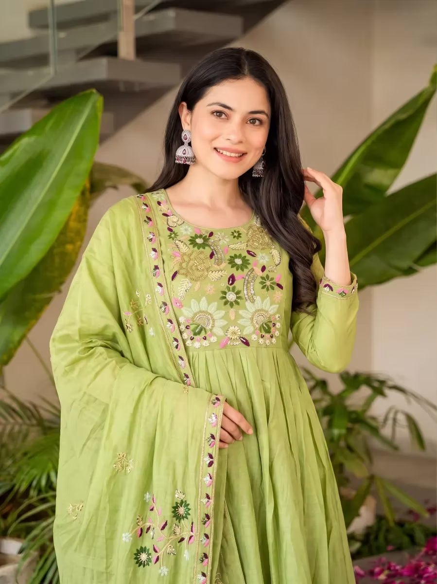 Pistachio Green Floral Embroidered Thread Work Anarkali Kurta Set with Dupatta