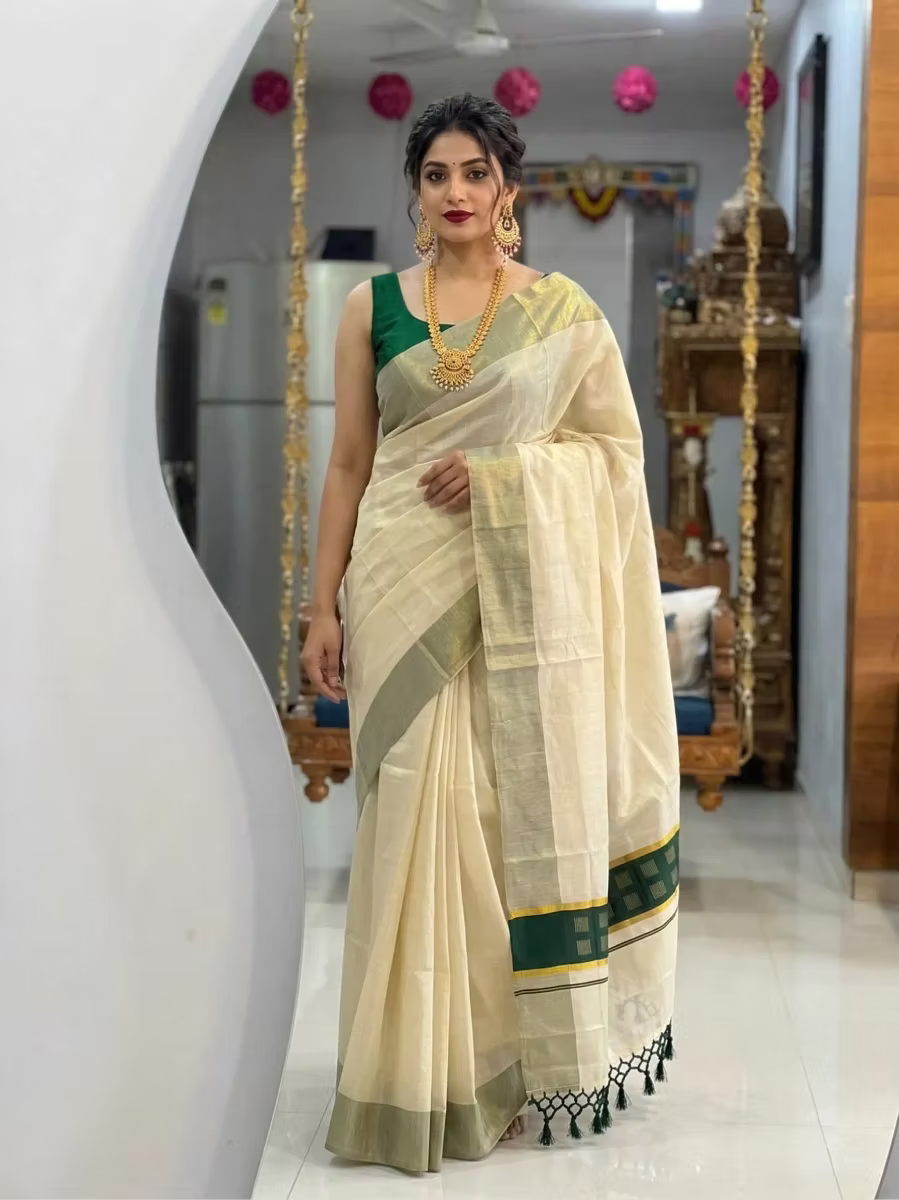 Chathura Zari Tussel Tissue Kerala Saree