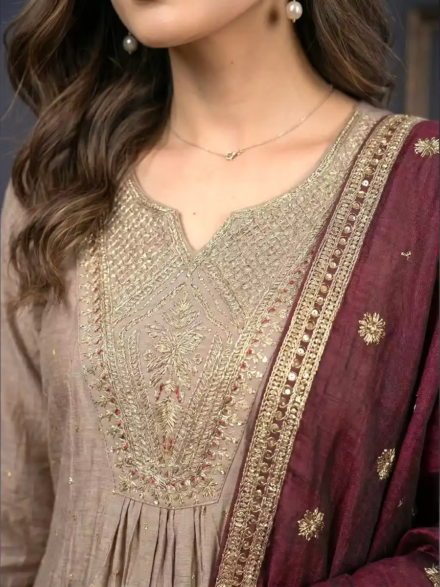 Taupe Silk Blend Anarkali Suit with Wine Embroidered Dupatta & Pants