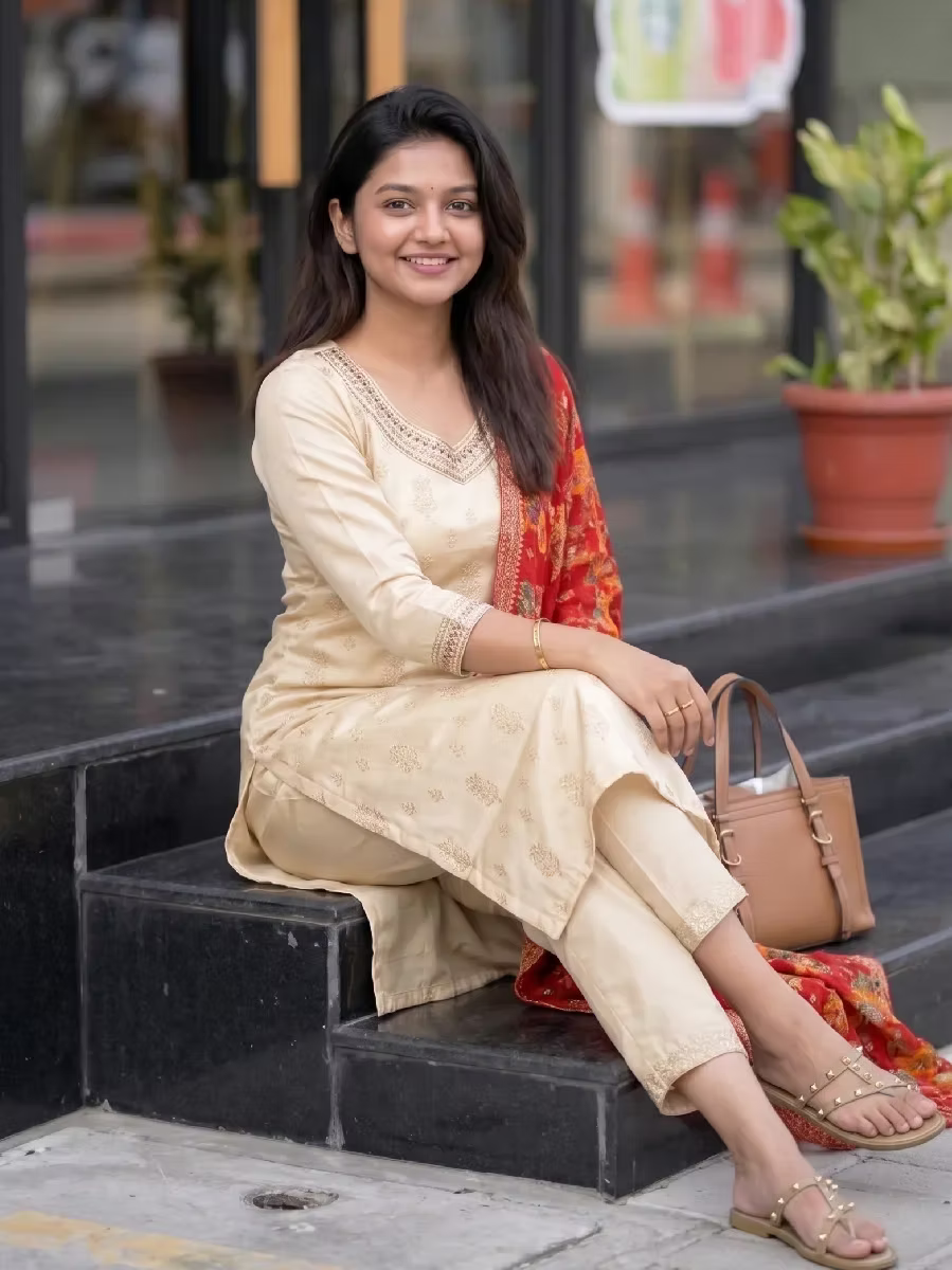 Golden Embroidery Kurti Set with Multi-Color Dupatta
