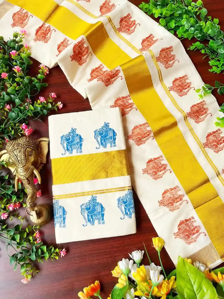 Elephant Motif Kasavu Cotton Saree with Running Blouse