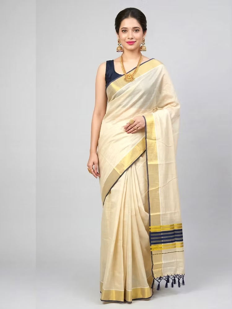 Kasavu Tissue Saree with Berry Blue Border & Stripes