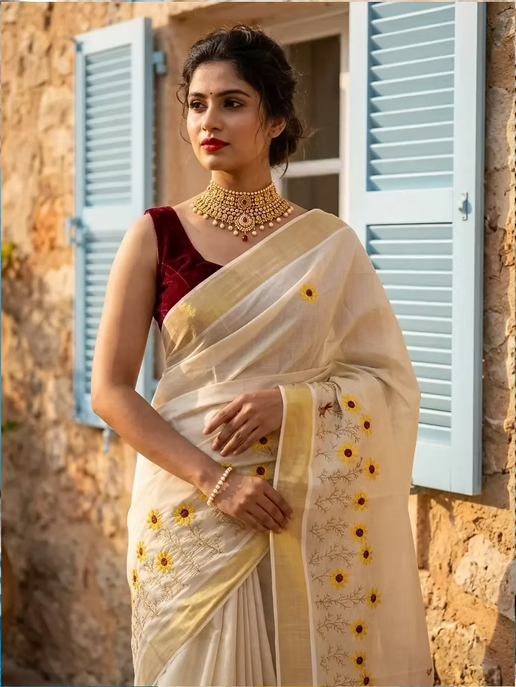 Surajmukhee Embroidery Golden Tissue Saree with Blouse