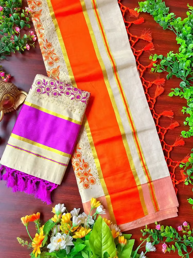 Blume Embroidery Kasavu Tassel Tissue Saree