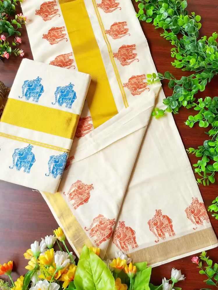 Elephant Motif Kasavu Cotton Saree with Running Blouse