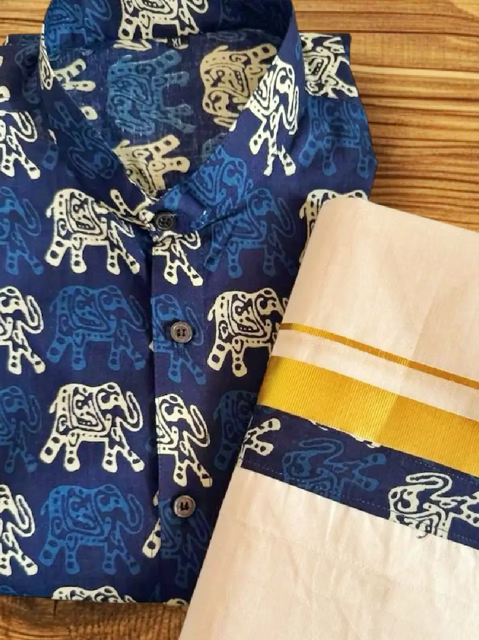 Prussian Blue Gajah Ajrak Kasavu Mundu and Shirt Combo Set