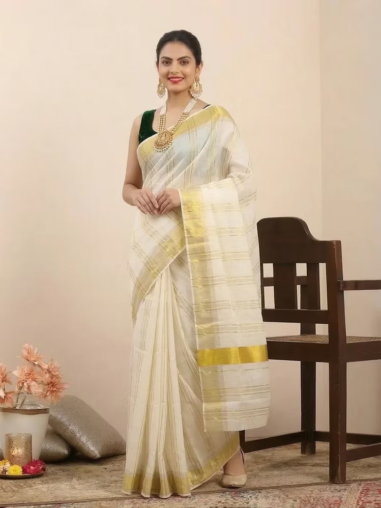 Maroon & Black Stripe Cotton Kasavu Saree with Golden Border