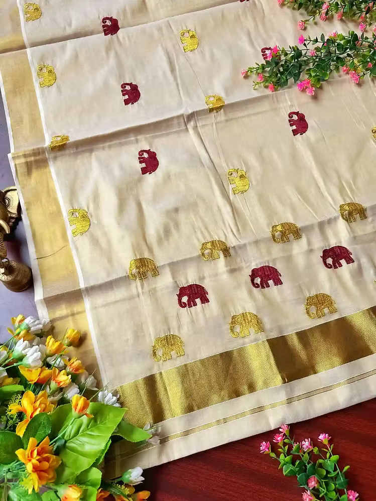 Maroon & Golden Gajah Embroidery Kasavu Tissue Saree with Running Blouse