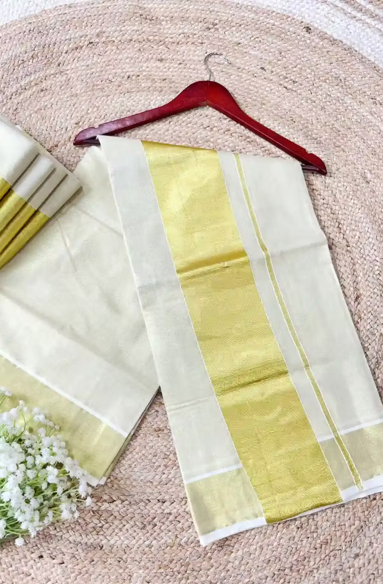 5-Inch Premium Golden Tissue Kasavu Set Saree