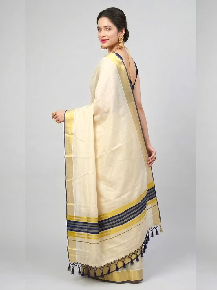 Kasavu Tissue Saree with Berry Blue Border & Stripes