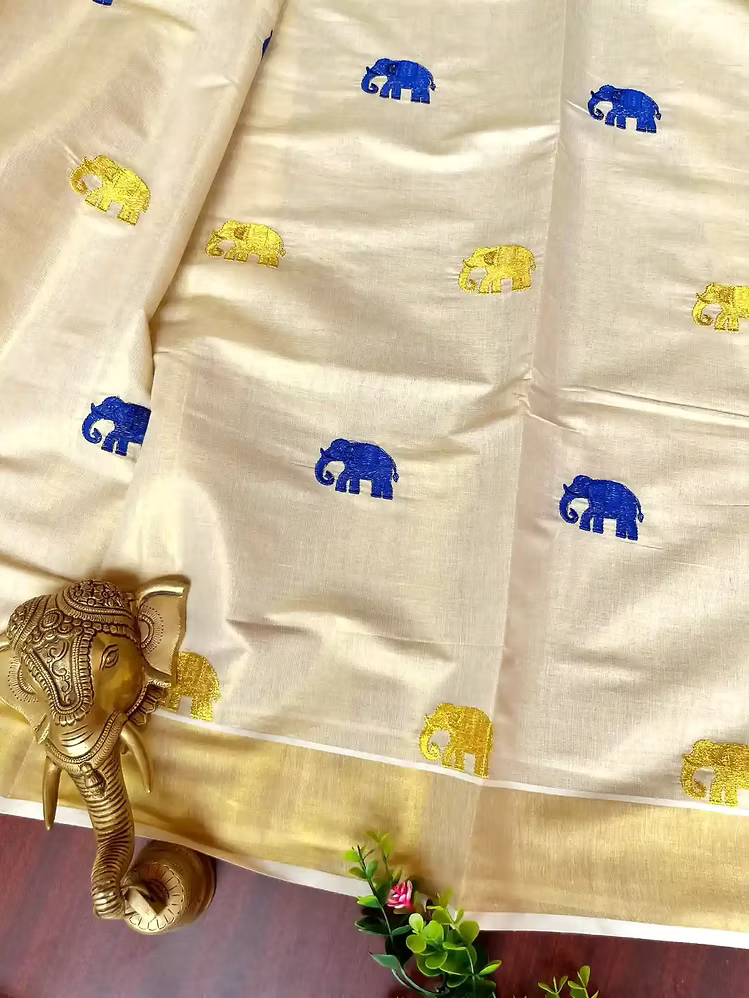Berry Blue & Golden Gajah Embroidery Kasavu Tissue Saree