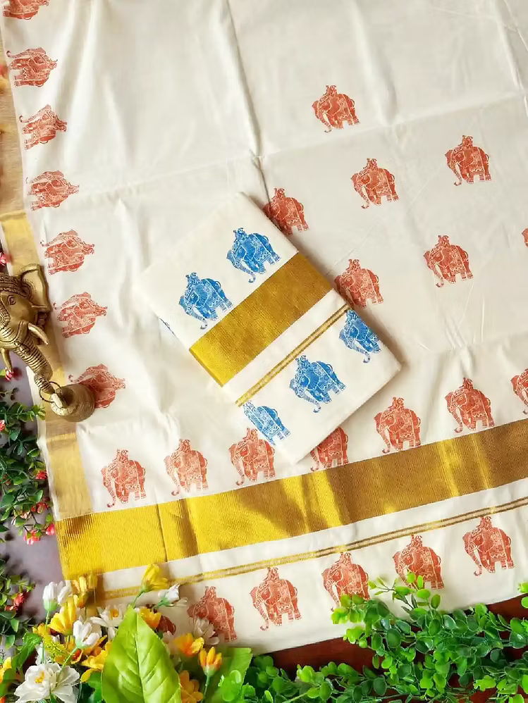 Elephant Motif Kasavu Cotton Saree with Running Blouse