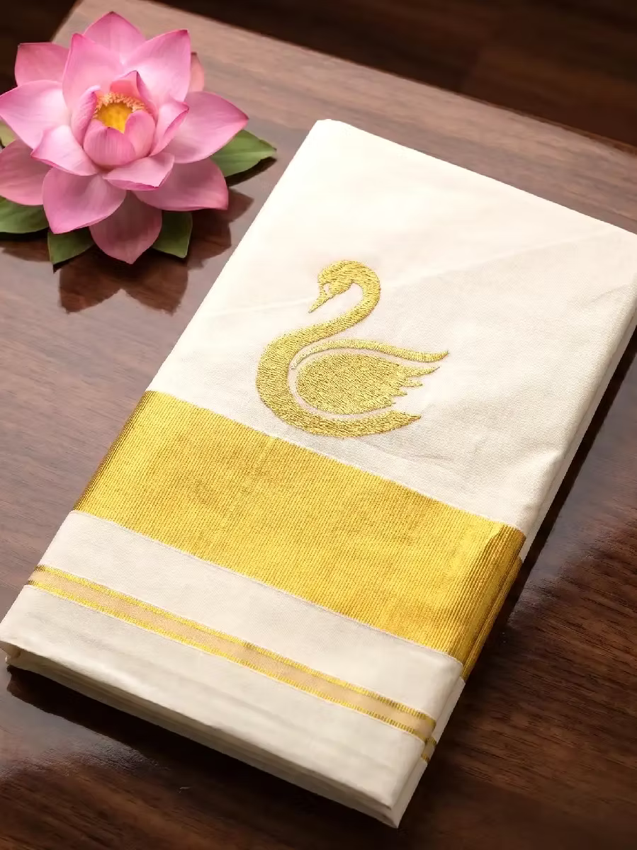 Golden Swan Embroidery Kasavu Cotton Saree with Running Blouse