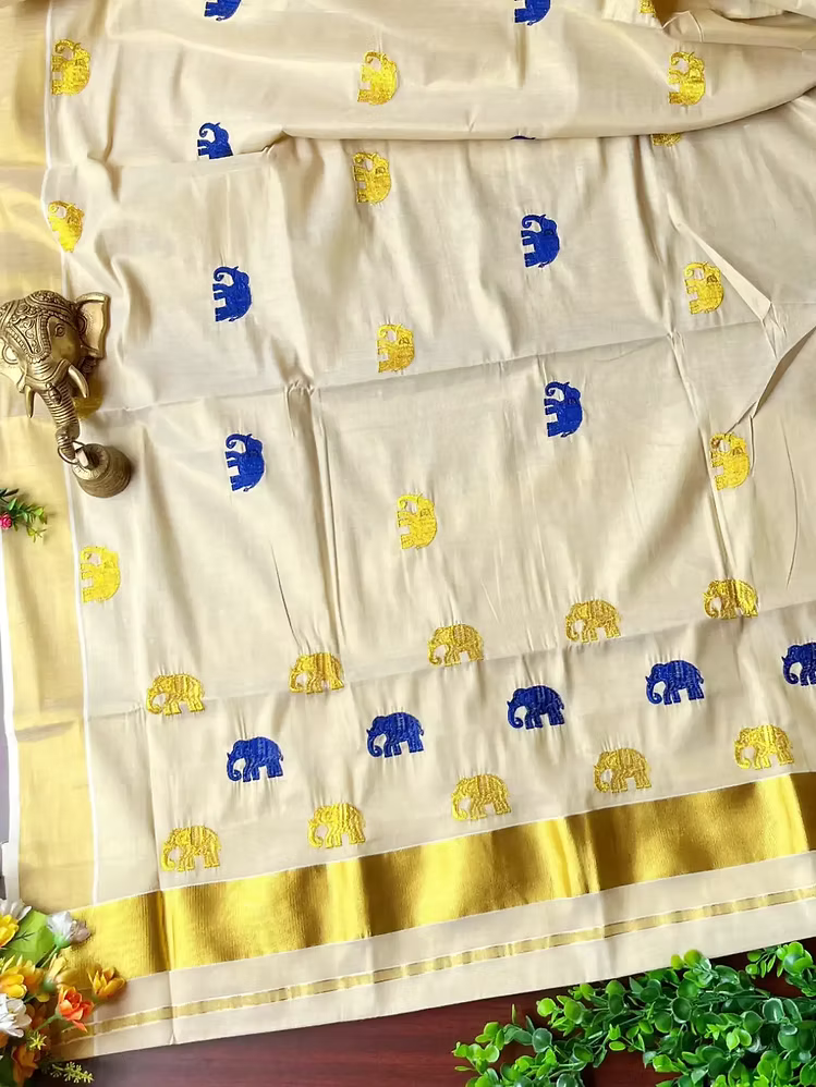 Berry Blue & Golden Gajah Embroidery Kasavu Tissue Saree