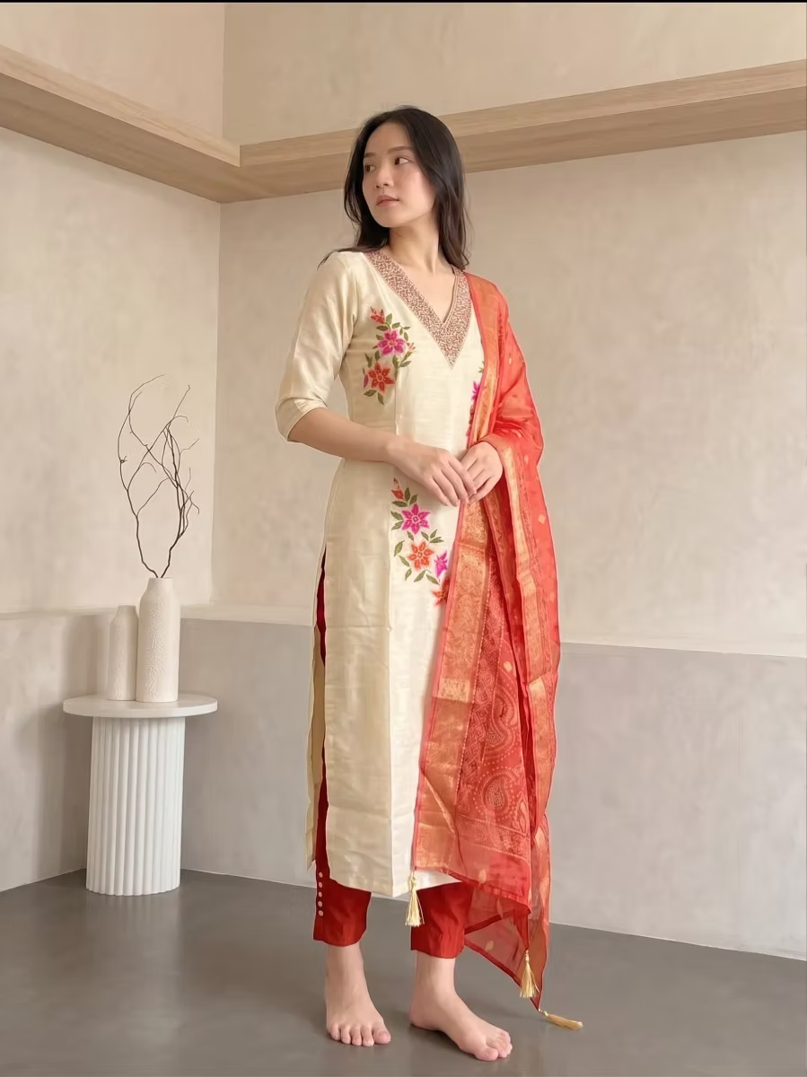 Bloom Embroidery V-Neck 3-Piece Kurti Set