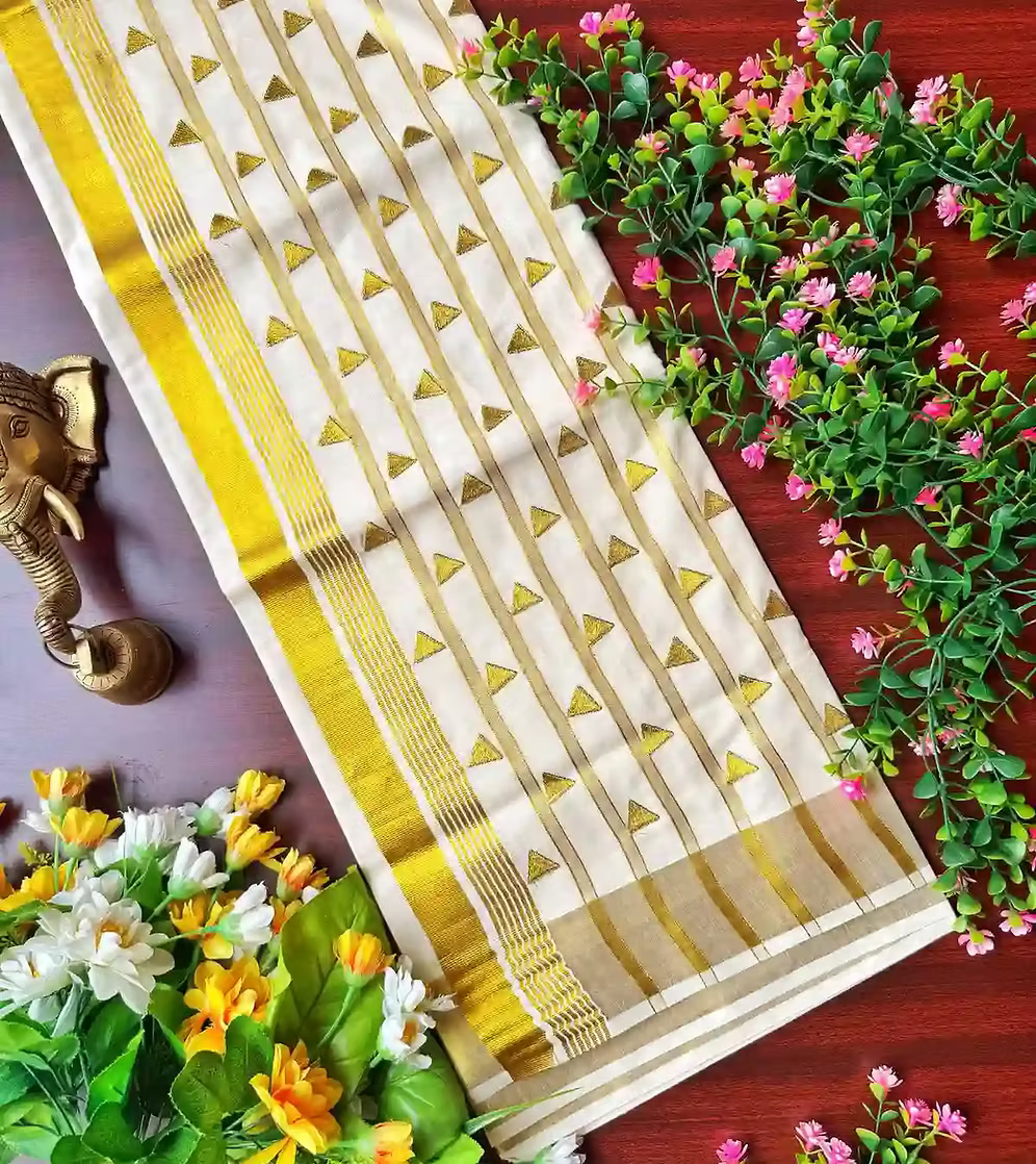 Triangle Golden Zari Premium Kasavu Balaramapuram Saree with Blouse