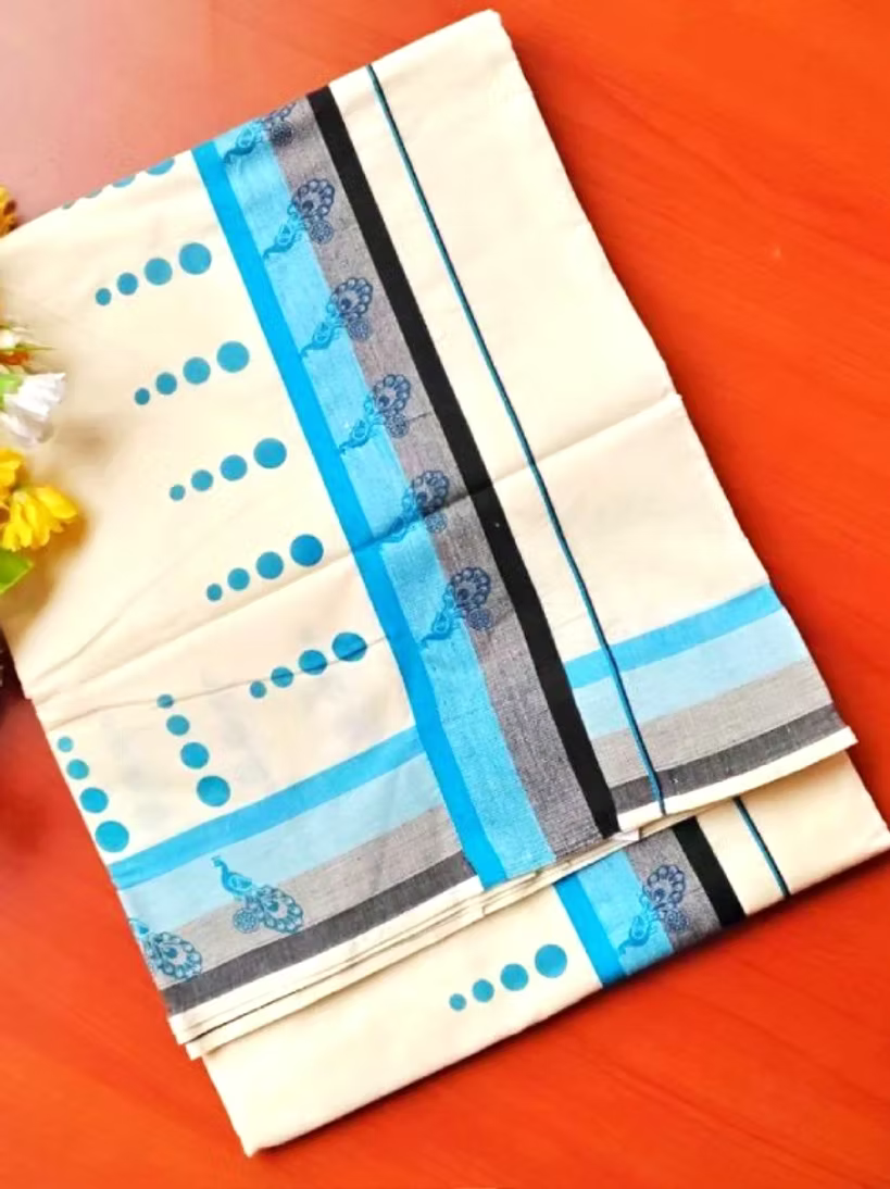 Peacock Dotto Blue & Black Kara Pure Cotton Kuthampully Saree