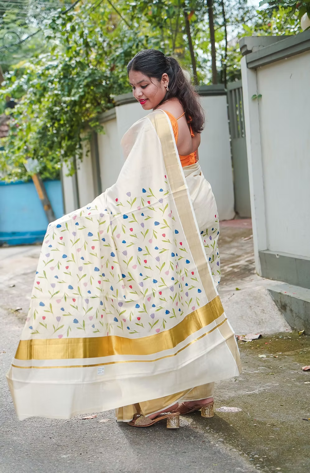 Multi Tulip Kasavu Golden Tissue Saree with Blouse