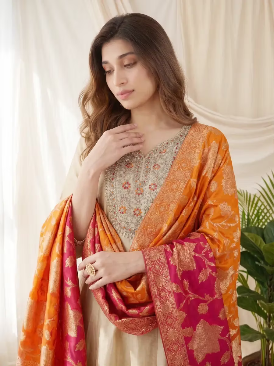 Beige Zari Embroidery Banarasi Kasavu Anarkali