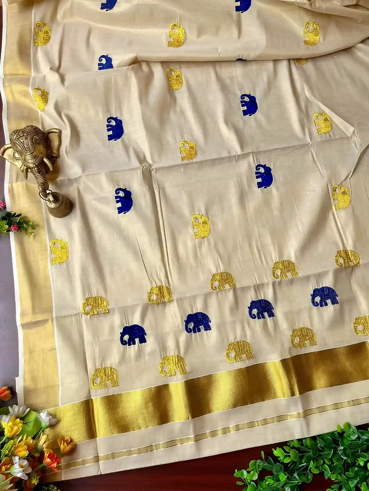 Denim Blue & Golden Gajah Embroidery Kasavu Tissue Saree
