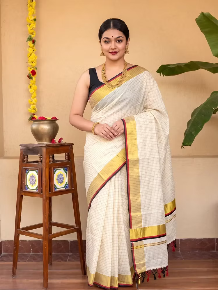 Micro Checks Cotton Kasavu Saree with Maroon & Black Border