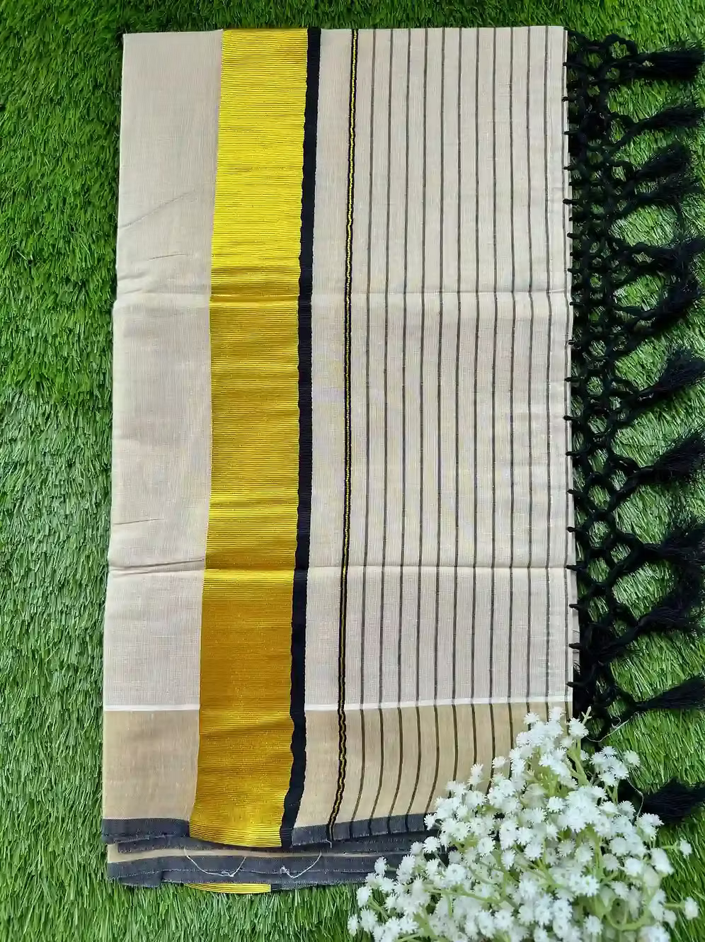 Tussel Tissue Kerala Saree with Black Border and Stripe Pallu – Kuthampully