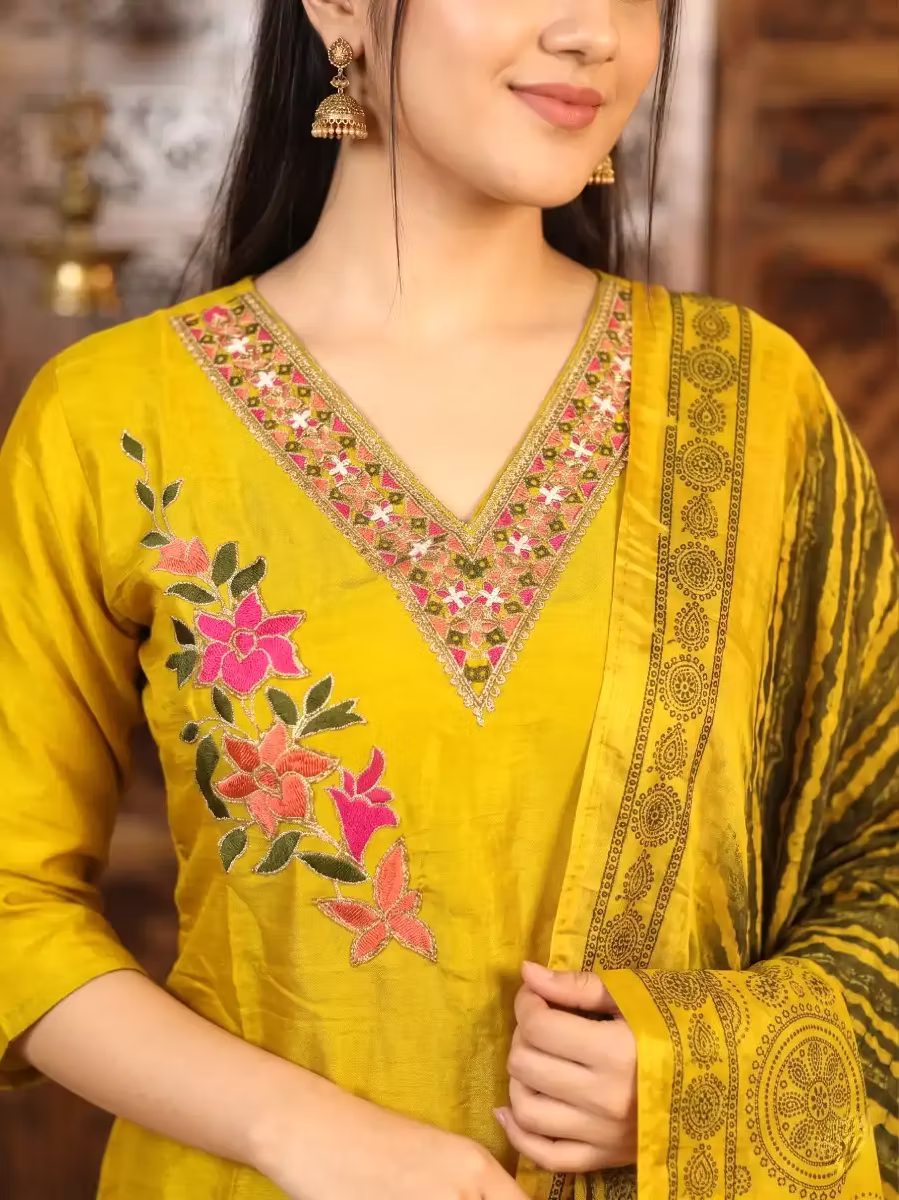 Mustard Yellow Silk Blend Kurta Set with Floral Embroidery & Leheriya Dupatta
