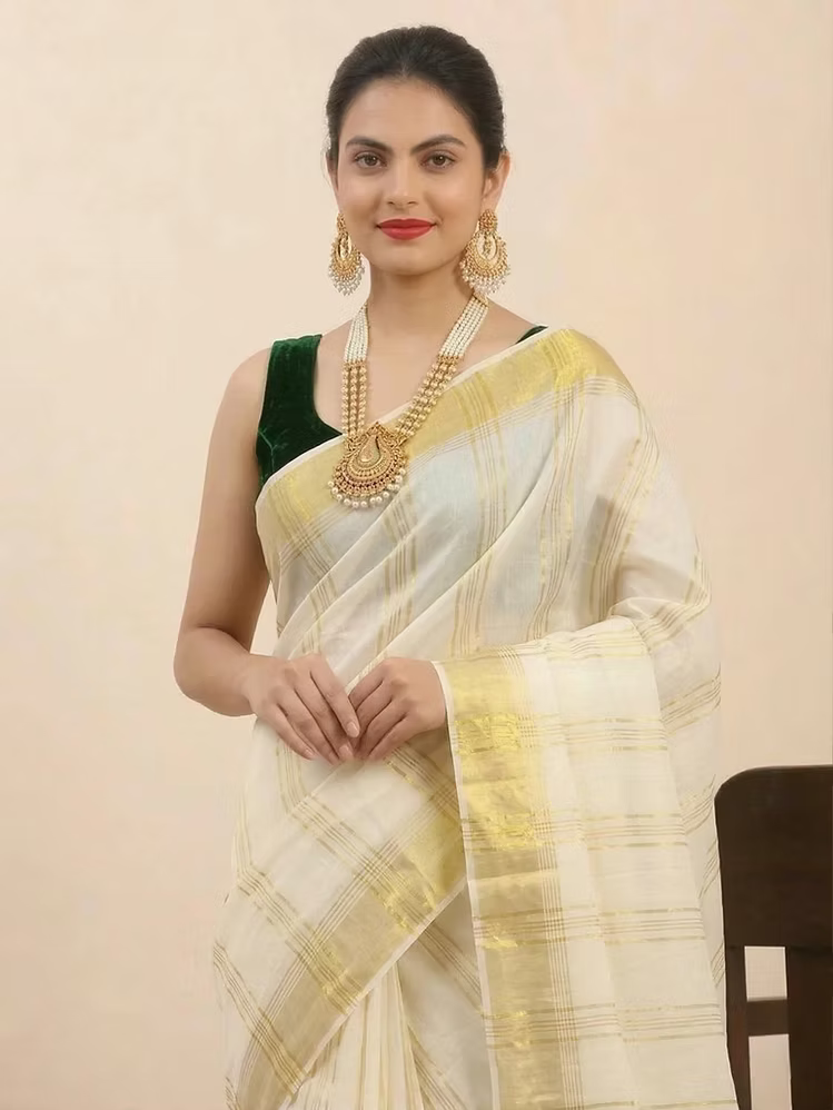 Maroon & Black Stripe Cotton Kasavu Saree with Golden Border