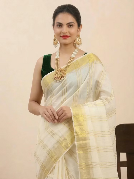 Maroon & Black Stripe Cotton Kasavu Saree with Golden Border